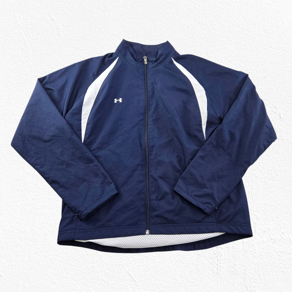 Y2K Under Armour Navy White Zip Front Windbreaker Track Running Jacket Size Med - Picture 1 of 8